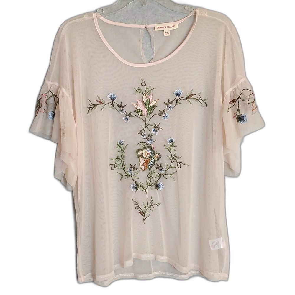 Grand & Greene Pink Mesh Sheer Flutter Sleeve Embroidered Top Women's XL
